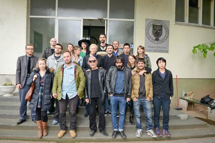 The students of Film Factory’s doctoral program with Béla Tarr and Tilda Swinton. Photo courtesy of Sergio Thor Flores.